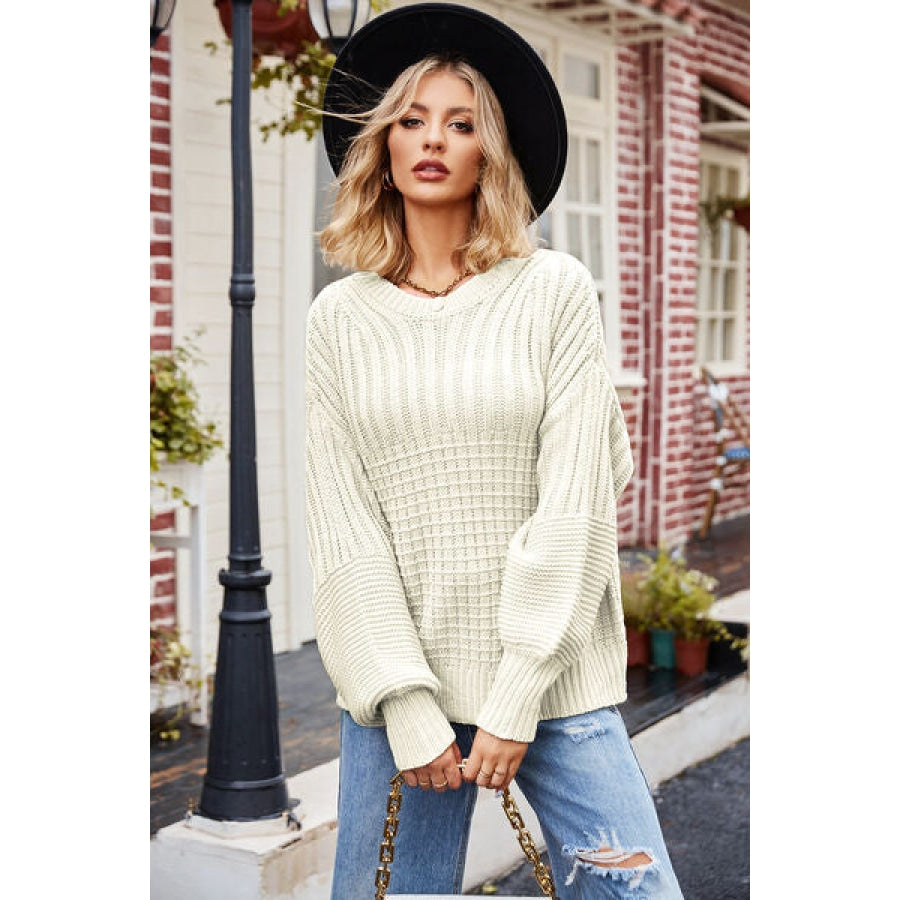 Ribbed Drop Shoulder Lantern Sleeve Sweater Clothing