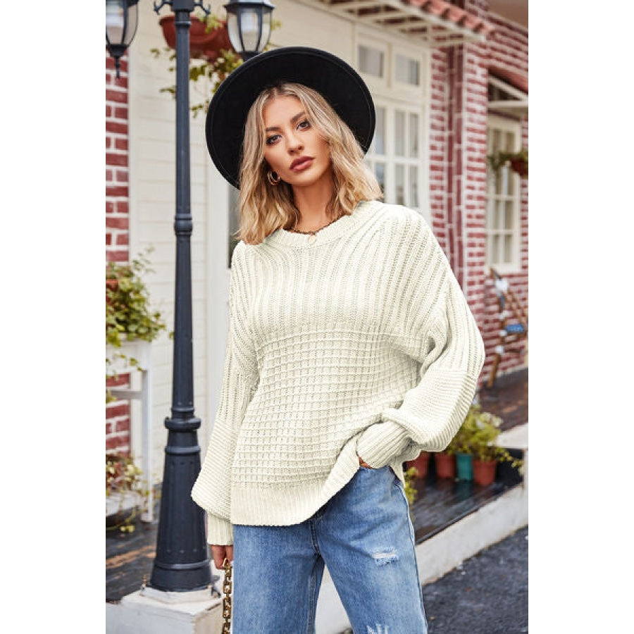 Ribbed Drop Shoulder Lantern Sleeve Sweater Cream / S Clothing