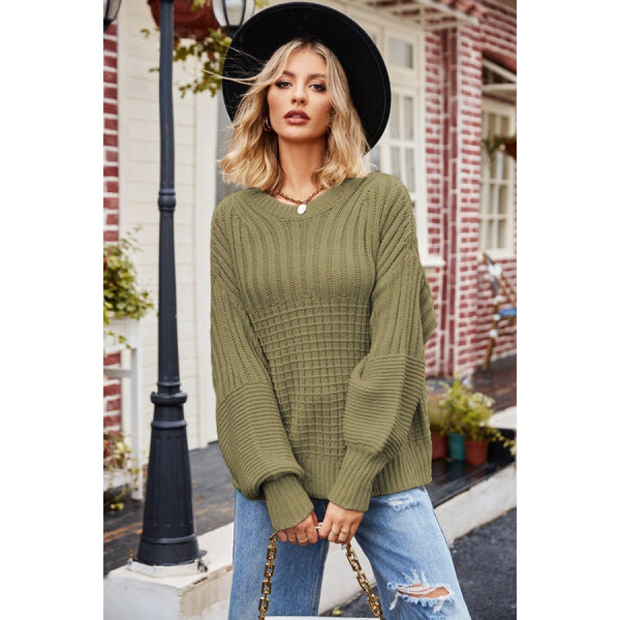 Ribbed Drop Shoulder Lantern Sleeve Sweater Moss / S Clothing