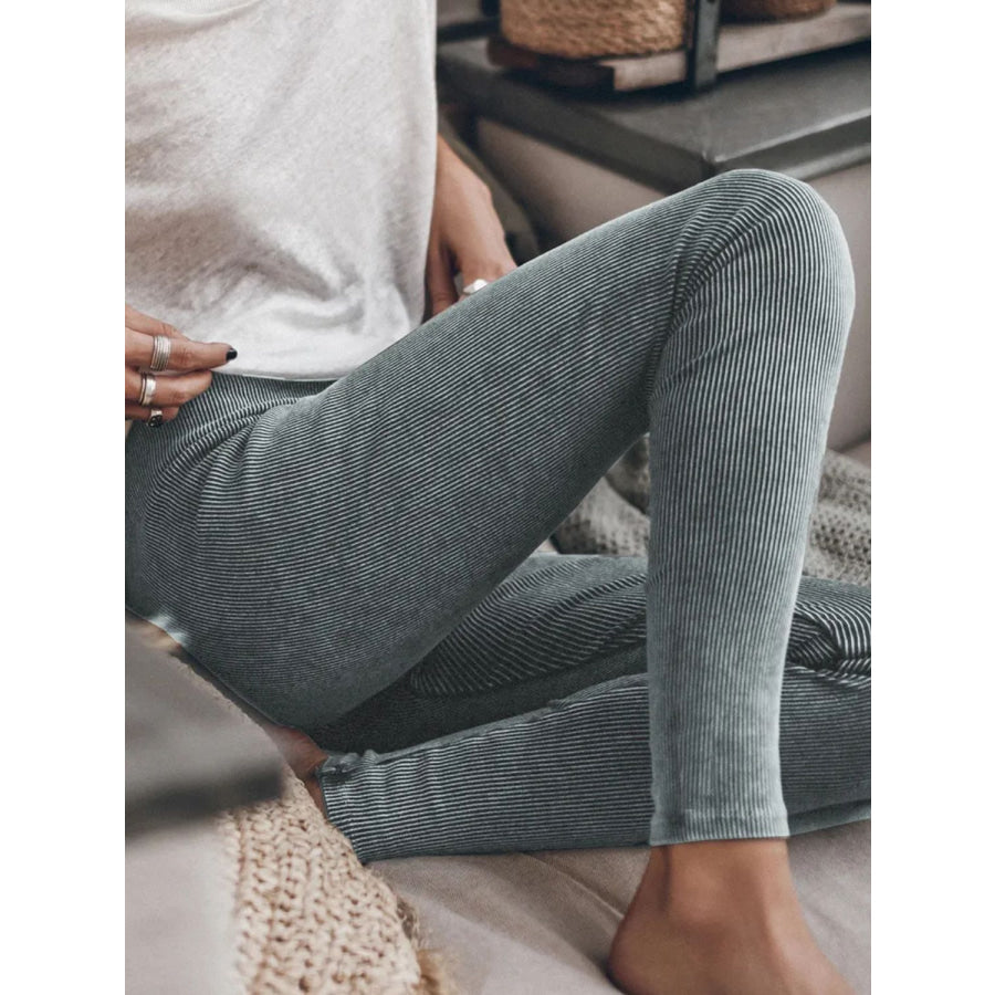 Ribbed Elastic Waist Leggings Dark Gray / S Apparel and Accessories