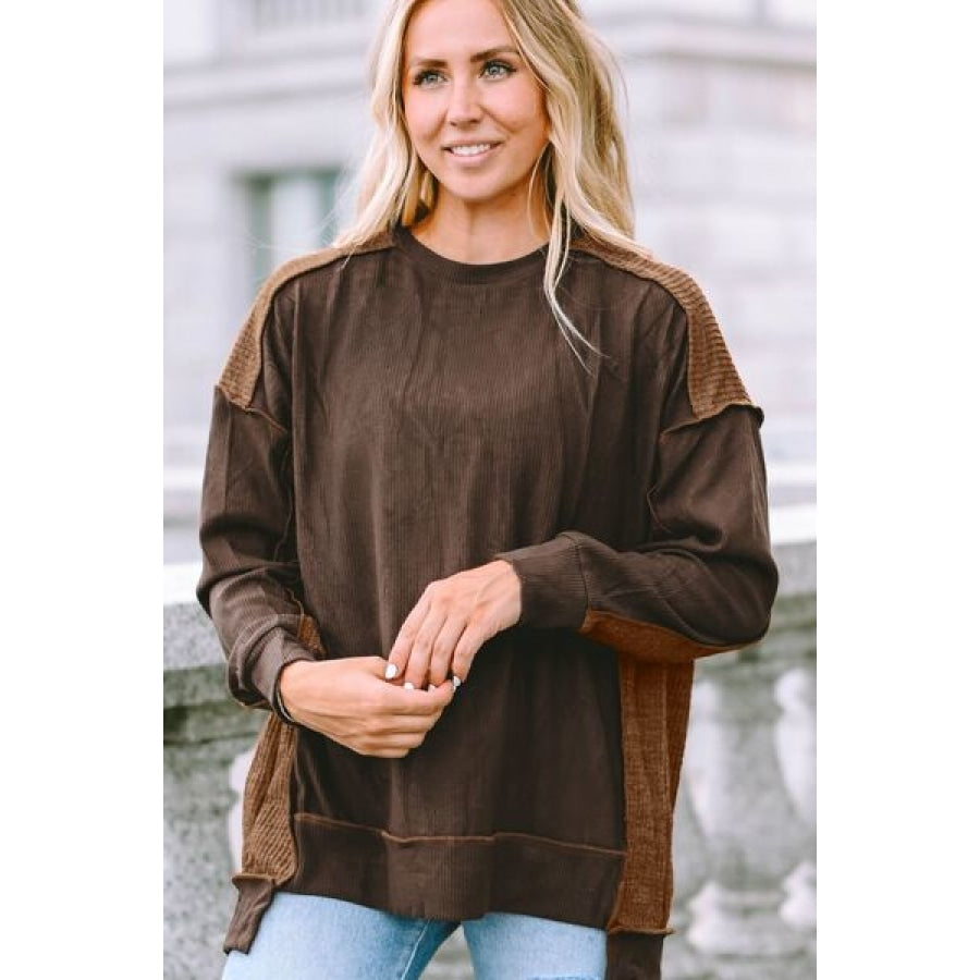 Ribbed Exposed Seam Dropped Shoulder Blouse Clothing