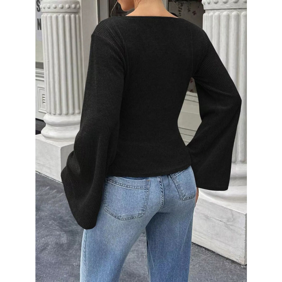 Ribbed Flare Sleeve Top with Ruched Detail Apparel and Accessories