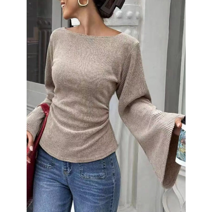Ribbed Flare Sleeve Top with Ruched Detail Apparel and Accessories