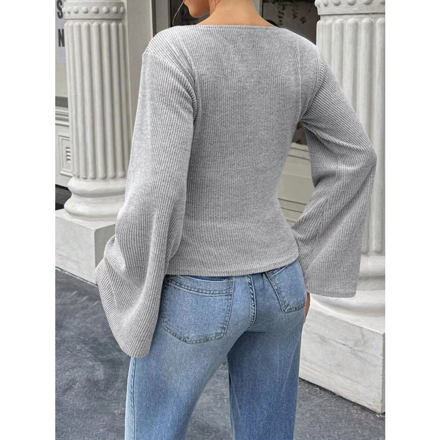 Ribbed Flare Sleeve Top with Ruched Detail Apparel and Accessories