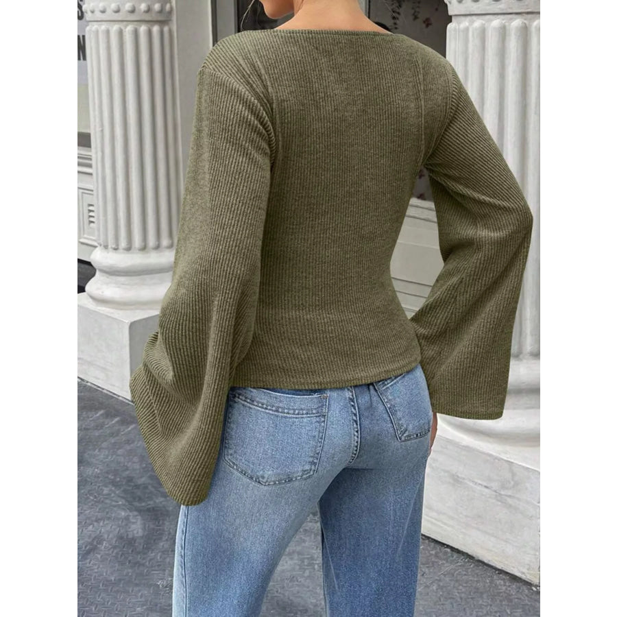 Ribbed Flare Sleeve Top with Ruched Detail Apparel and Accessories