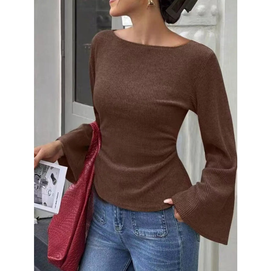 Ribbed Flare Sleeve Top with Ruched Detail Apparel and Accessories