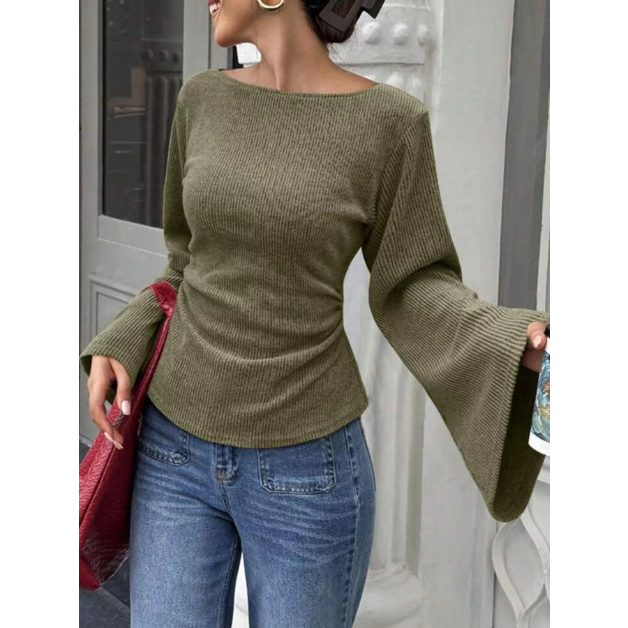 Ribbed Flare Sleeve Top with Ruched Detail Apparel and Accessories