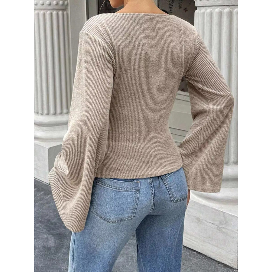 Ribbed Flare Sleeve Top with Ruched Detail Apparel and Accessories
