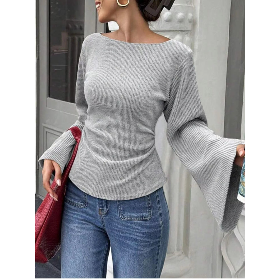 Ribbed Flare Sleeve Top with Ruched Detail Apparel and Accessories