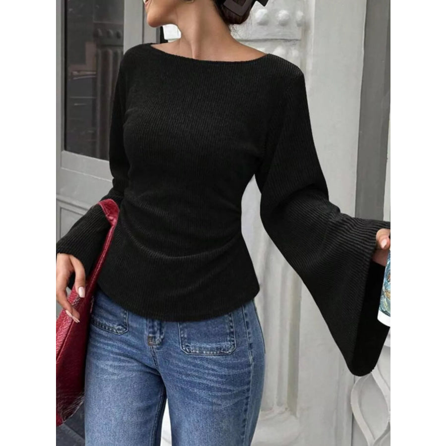 Ribbed Flare Sleeve Top with Ruched Detail Apparel and Accessories
