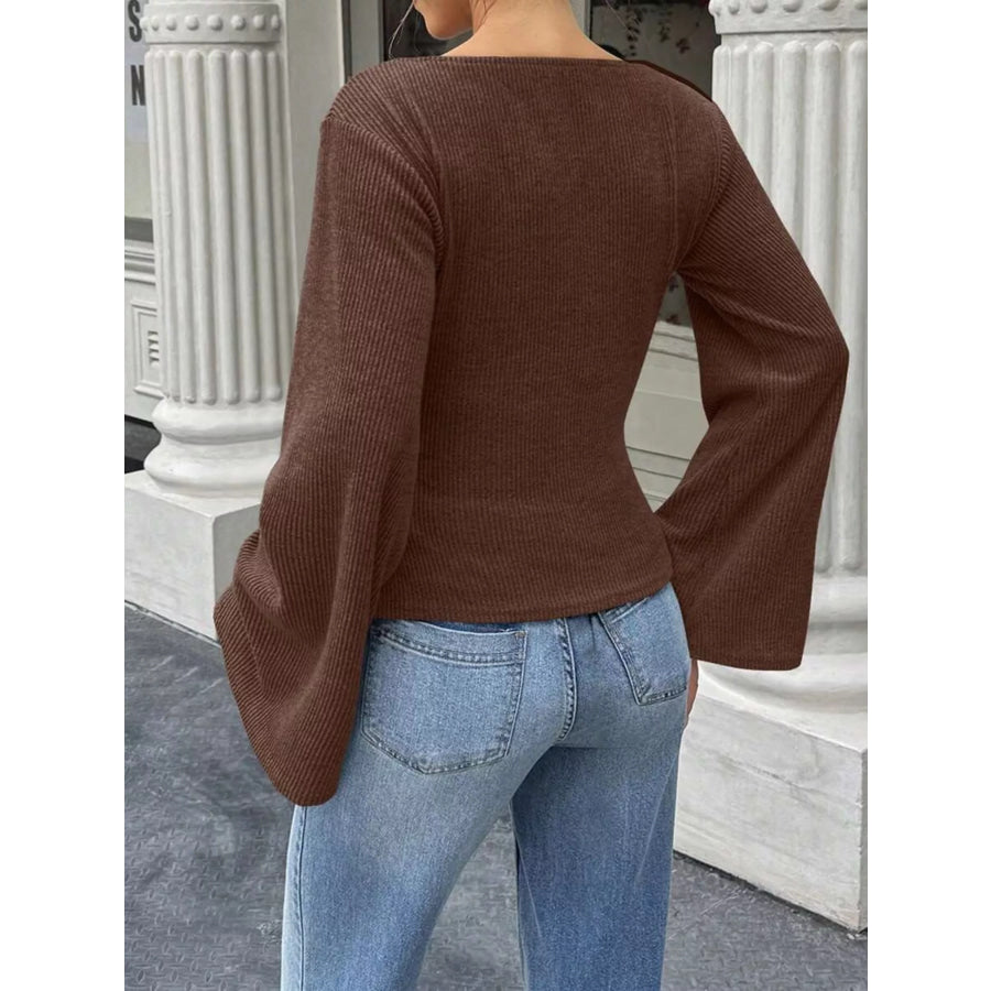 Ribbed Flare Sleeve Top with Ruched Detail Apparel and Accessories