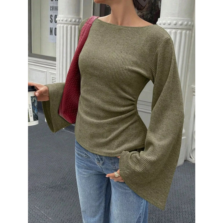 Ribbed Flare Sleeve Top with Ruched Detail Army Green / S Apparel and Accessories
