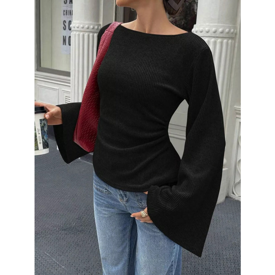 Ribbed Flare Sleeve Top with Ruched Detail Black / S Apparel and Accessories