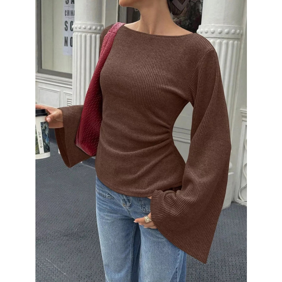 Ribbed Flare Sleeve Top with Ruched Detail Brown / S Apparel and Accessories
