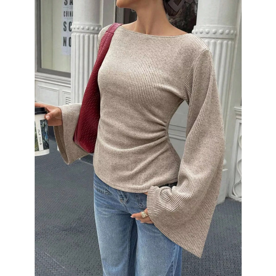 Ribbed Flare Sleeve Top with Ruched Detail Khaki / S Apparel and Accessories