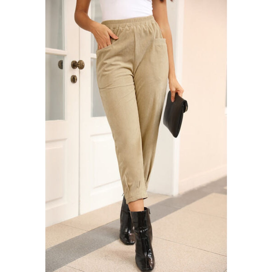 Ribbed Front Pocket Elastic Waist Pants Clothing