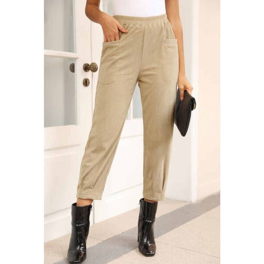 Ribbed Front Pocket Elastic Waist Pants Sand / S Clothing