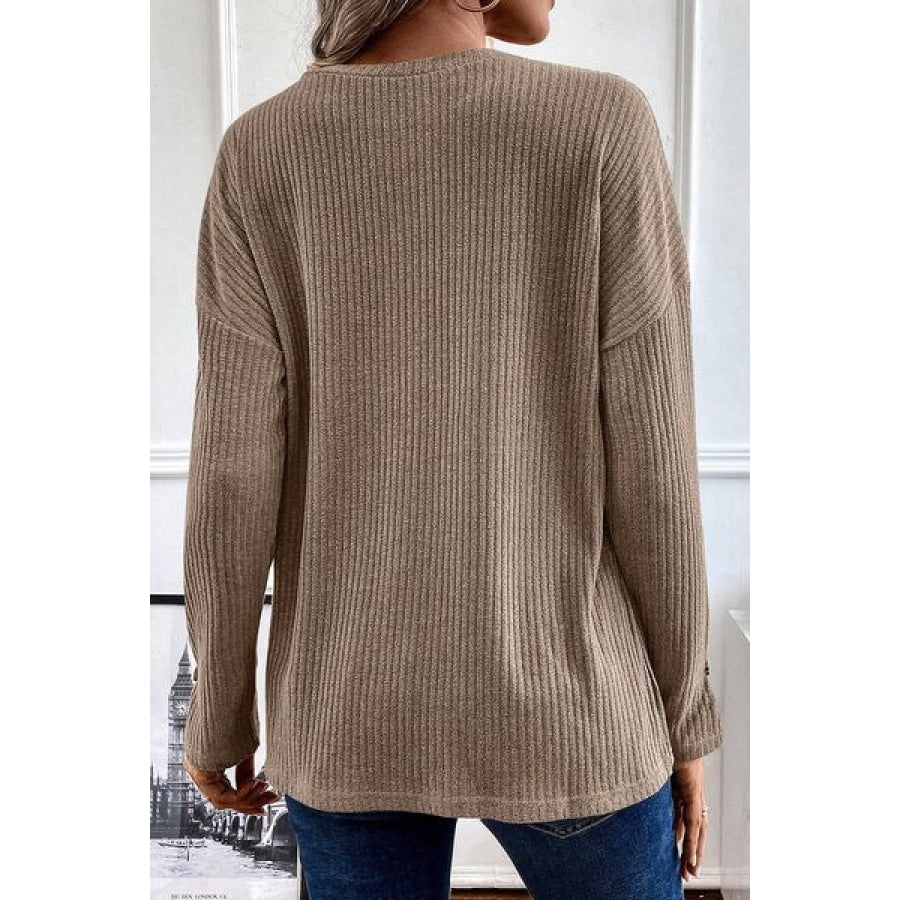 Ribbed Half Button Long Sleeve Knit Top Khaki / S Clothing