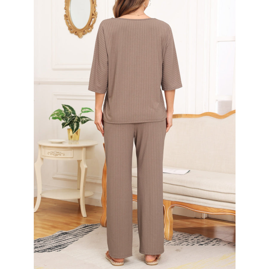 Ribbed Half Sleeve Top and Pocketed Pants Set Apparel and Accessories