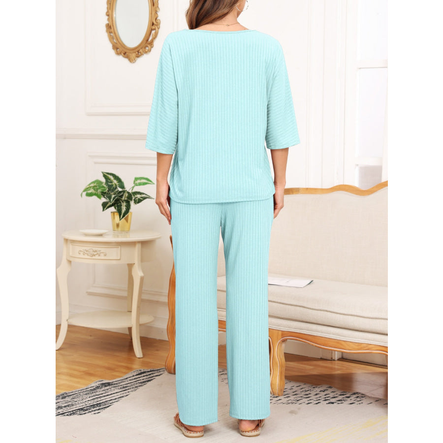 Ribbed Half Sleeve Top and Pocketed Pants Set Apparel and Accessories