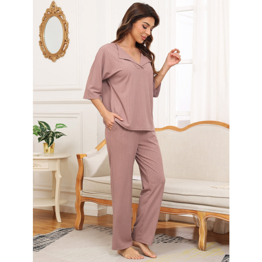 Ribbed Half Sleeve Top and Pocketed Pants Set Apparel and Accessories