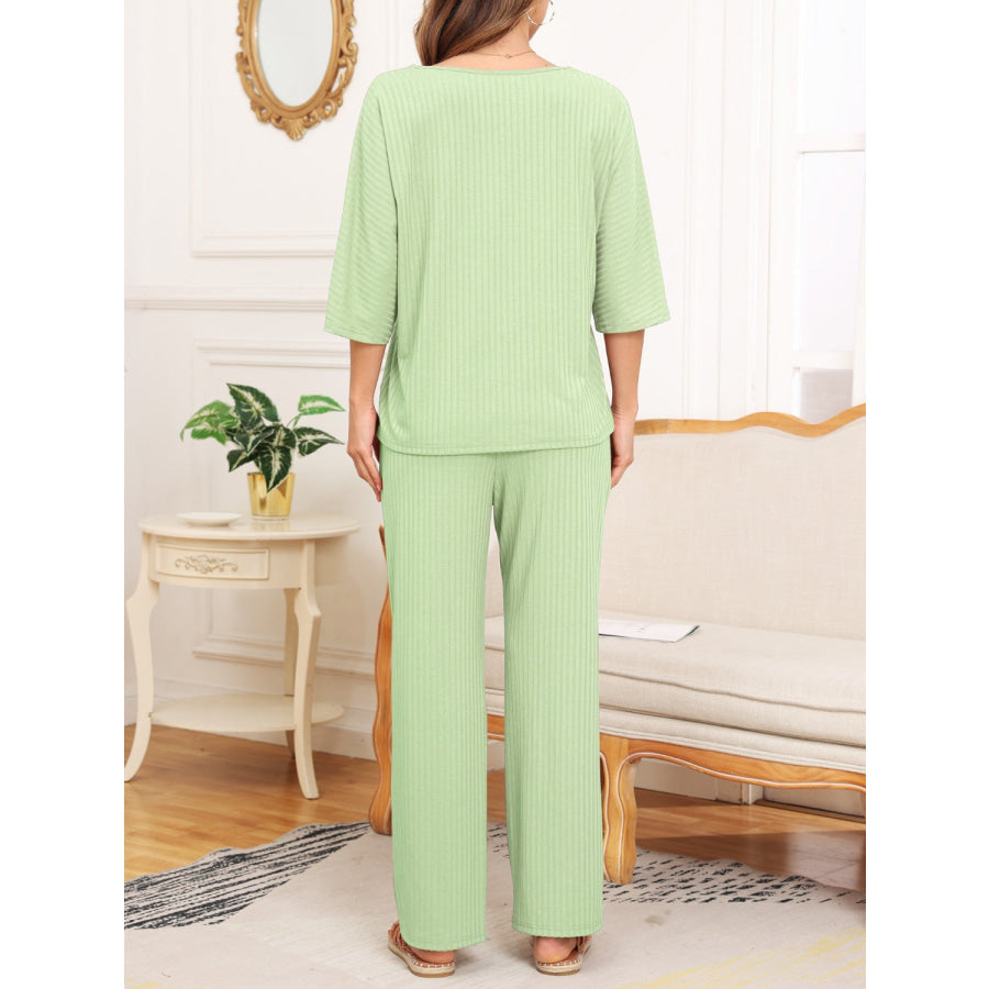 Ribbed Half Sleeve Top and Pocketed Pants Set Apparel and Accessories