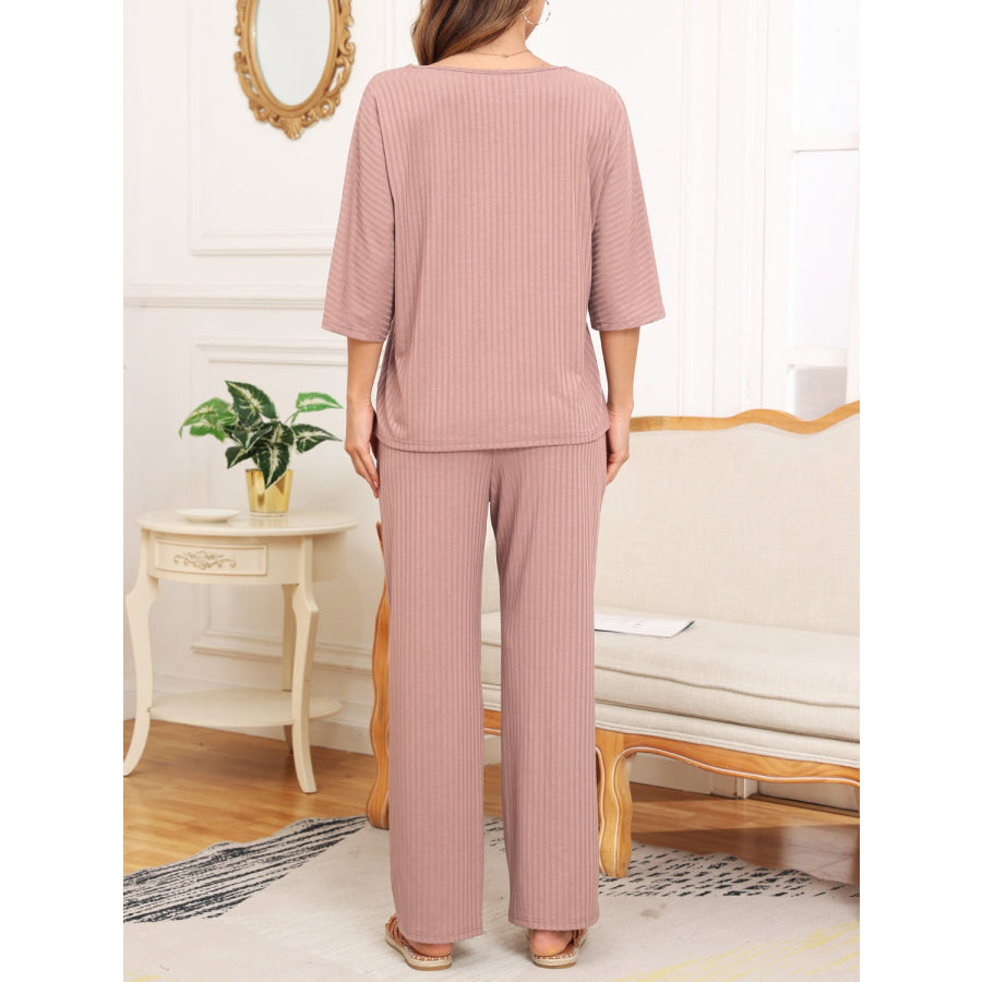 Ribbed Half Sleeve Top and Pocketed Pants Set Apparel and Accessories