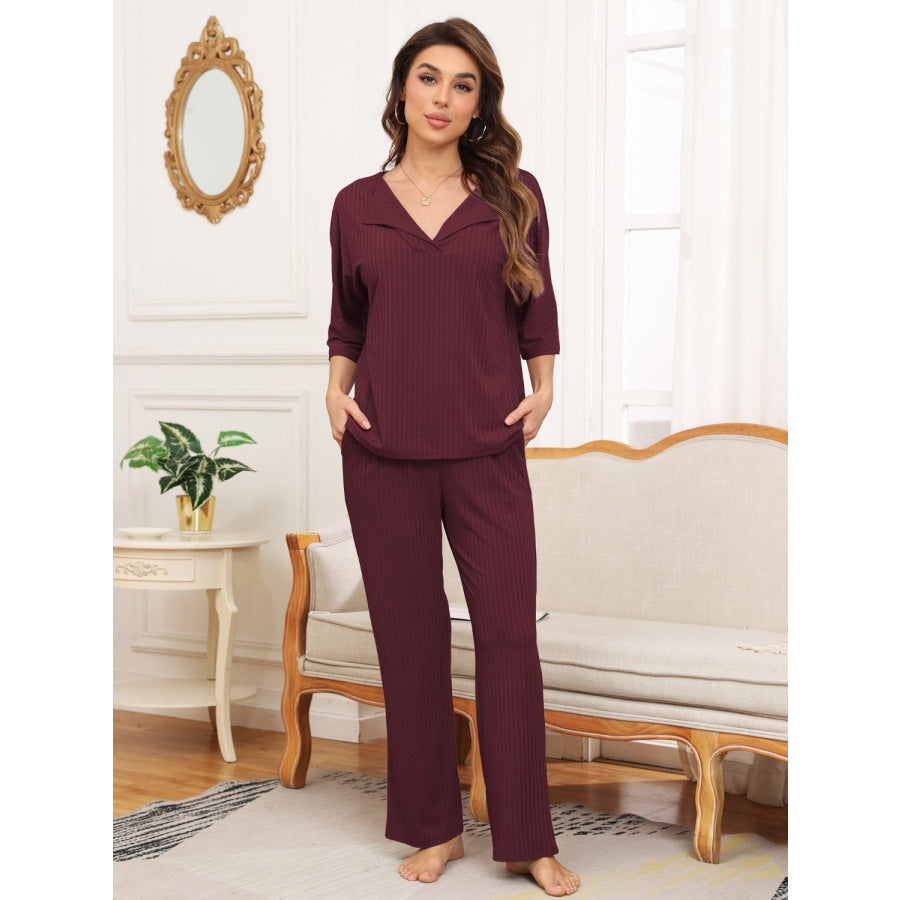 Ribbed Half Sleeve Top and Pocketed Pants Set Apparel and Accessories