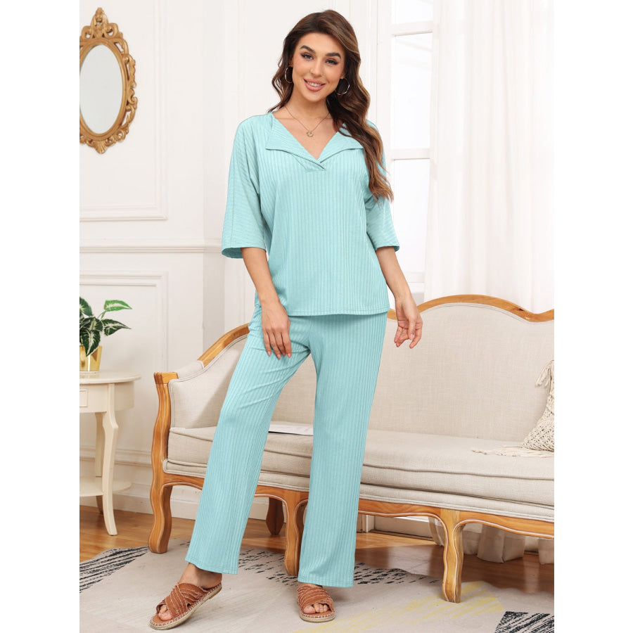 Ribbed Half Sleeve Top and Pocketed Pants Set Apparel and Accessories