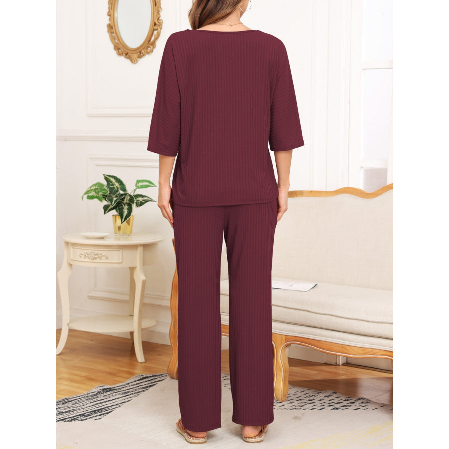 Ribbed Half Sleeve Top and Pocketed Pants Set Apparel and Accessories