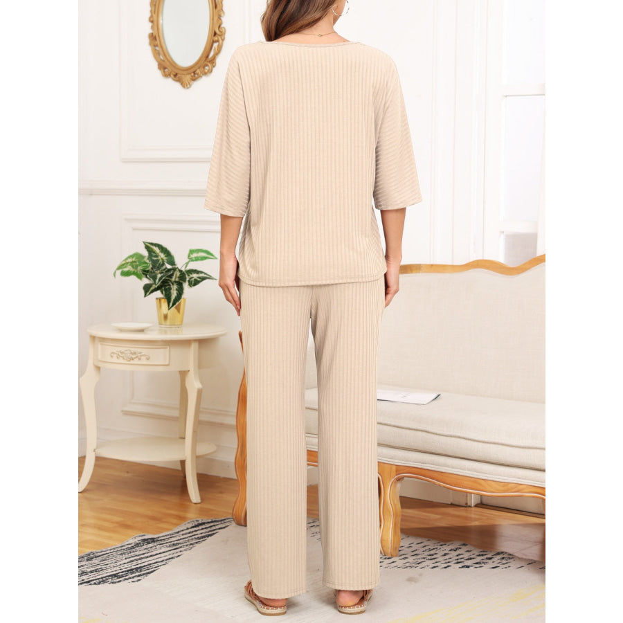 Ribbed Half Sleeve Top and Pocketed Pants Set Apparel and Accessories