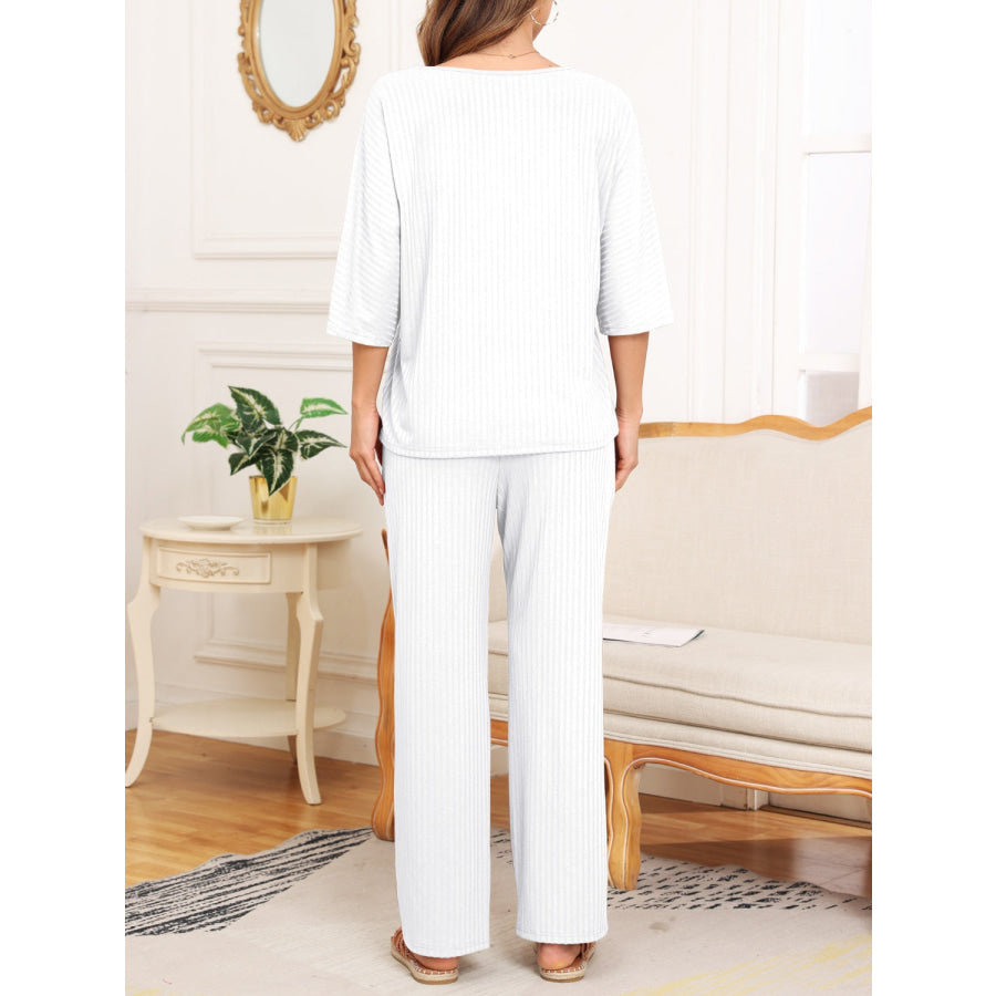 Ribbed Half Sleeve Top and Pocketed Pants Set Apparel and Accessories