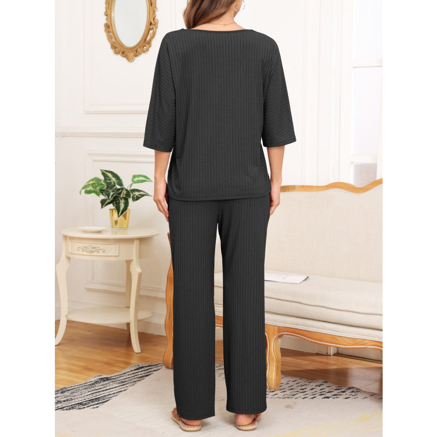 Ribbed Half Sleeve Top and Pocketed Pants Set Apparel and Accessories