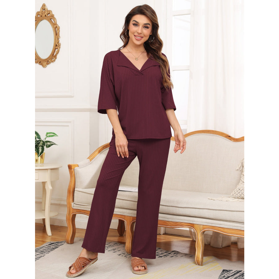 Ribbed Half Sleeve Top and Pocketed Pants Set Burgundy / S Apparel and Accessories