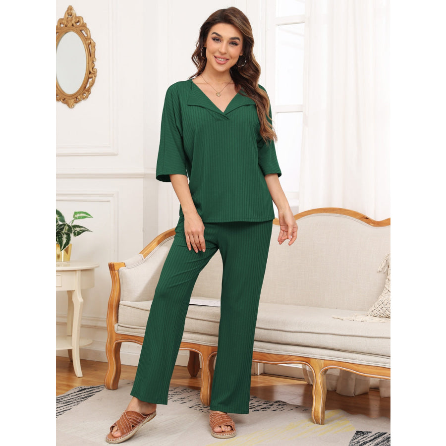 Ribbed Half Sleeve Top and Pocketed Pants Set Dark Green / S Apparel and Accessories