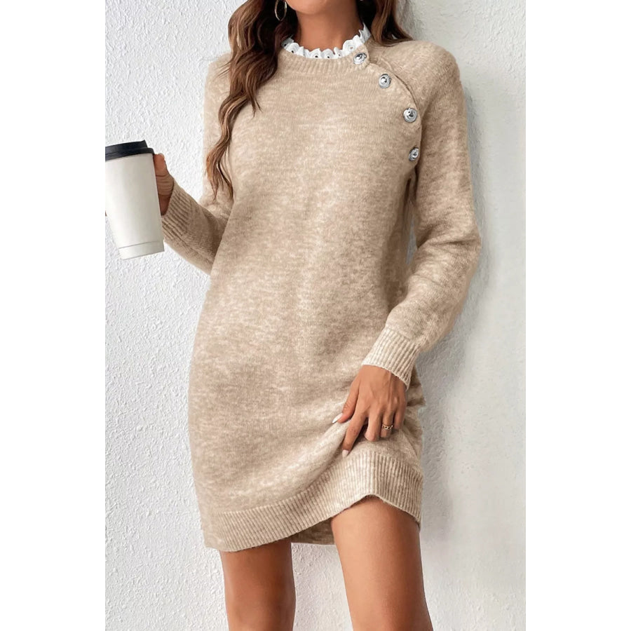 Ribbed Hem Raglan Sleeve Sweater Dress Tan / S Apparel and Accessories