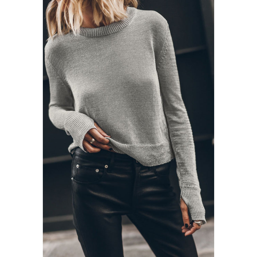 Ribbed Hem Round Neck Long Sleeve Sweater Apparel and Accessories