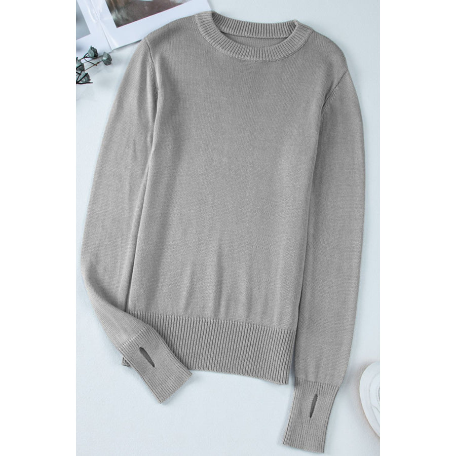 Ribbed Hem Round Neck Long Sleeve Sweater Apparel and Accessories