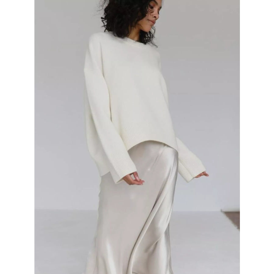 Ribbed Hem Round Neck Sweater Apparel and Accessories