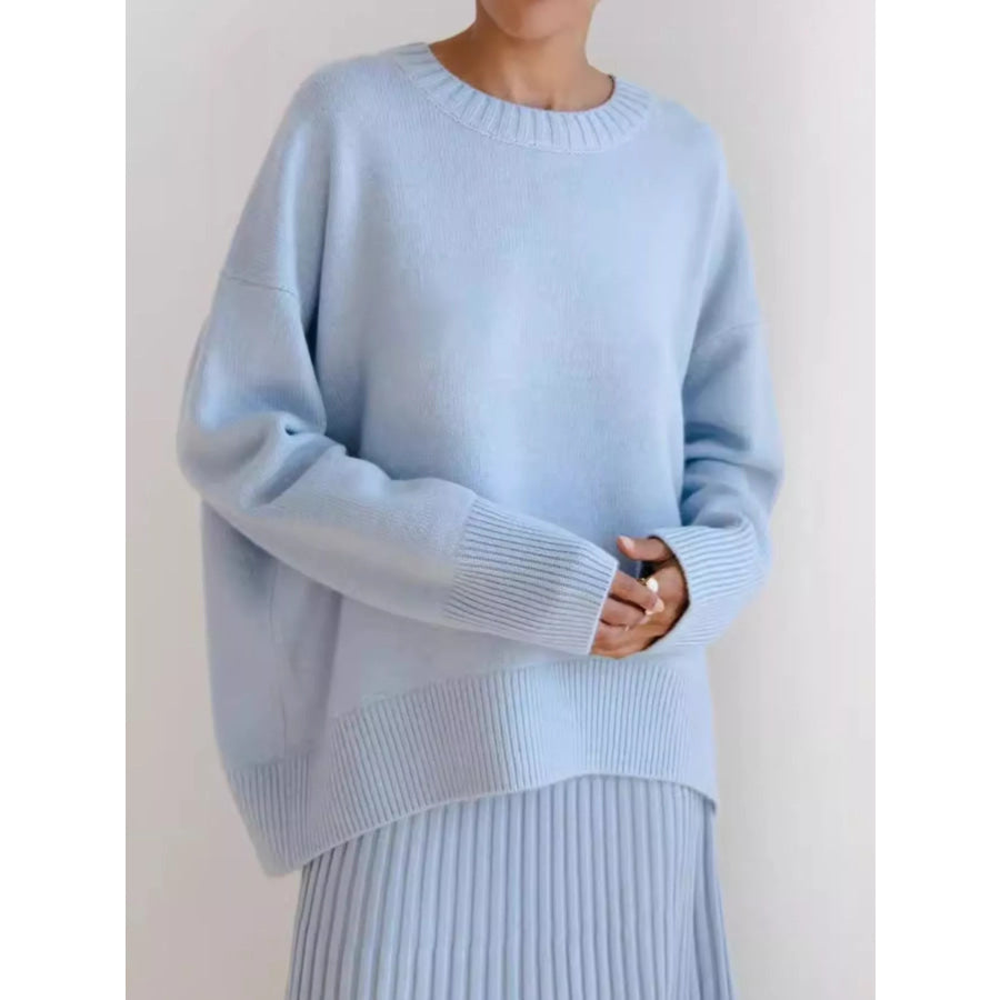 Ribbed Hem Round Neck Sweater Apparel and Accessories