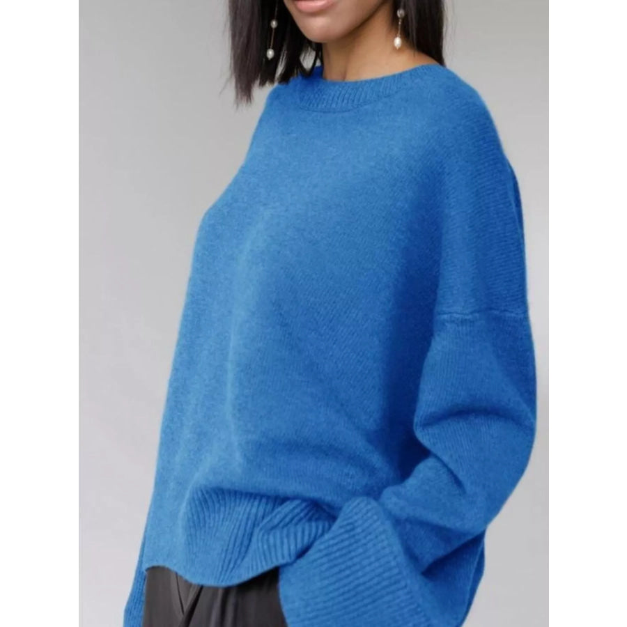 Ribbed Hem Round Neck Sweater Apparel and Accessories