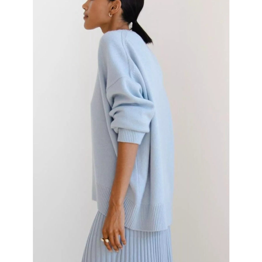 Ribbed Hem Round Neck Sweater Apparel and Accessories