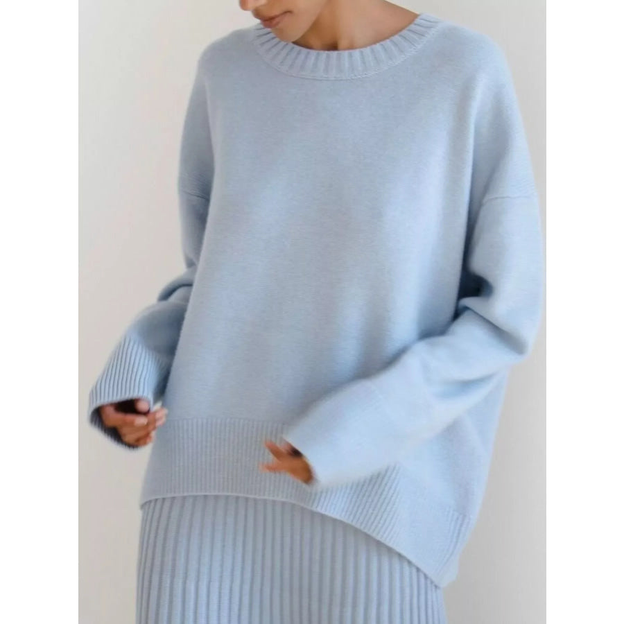 Ribbed Hem Round Neck Sweater Apparel and Accessories
