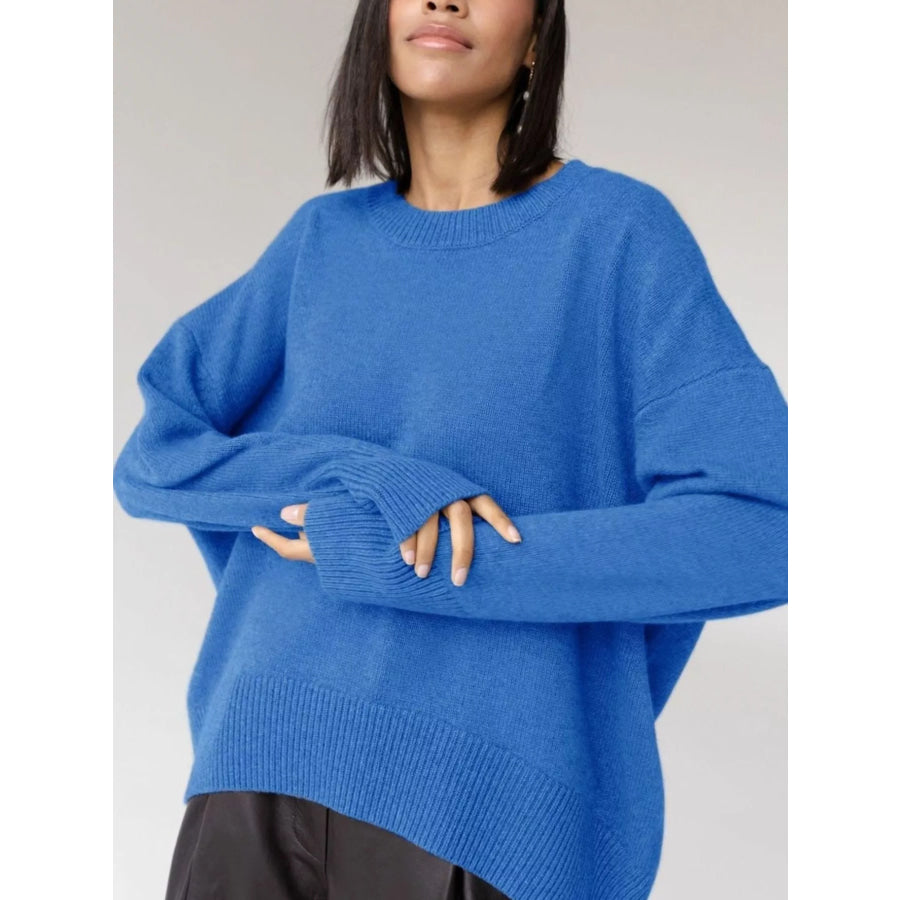 Ribbed Hem Round Neck Sweater Apparel and Accessories