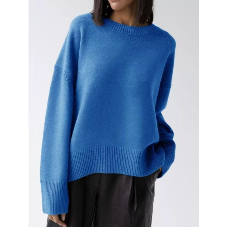 Ribbed Hem Round Neck Sweater Apparel and Accessories
