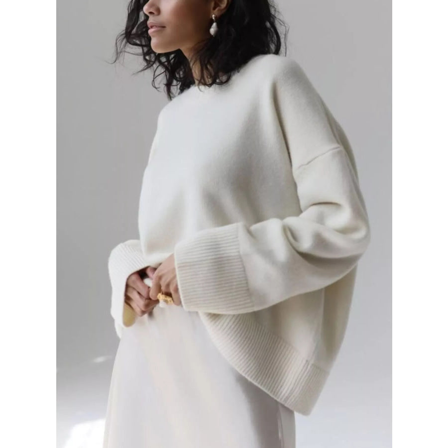 Ribbed Hem Round Neck Sweater Apparel and Accessories