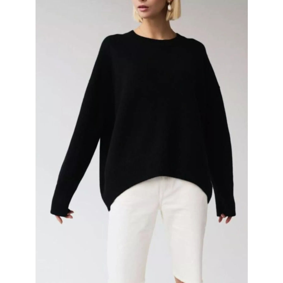 Ribbed Hem Round Neck Sweater Apparel and Accessories