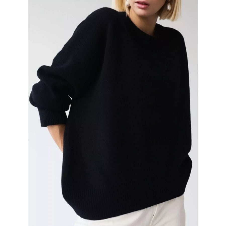 Ribbed Hem Round Neck Sweater Black / One Size Apparel and Accessories