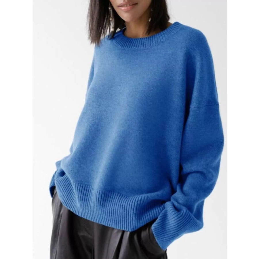 Ribbed Hem Round Neck Sweater Dusty Blue / One Size Apparel and Accessories