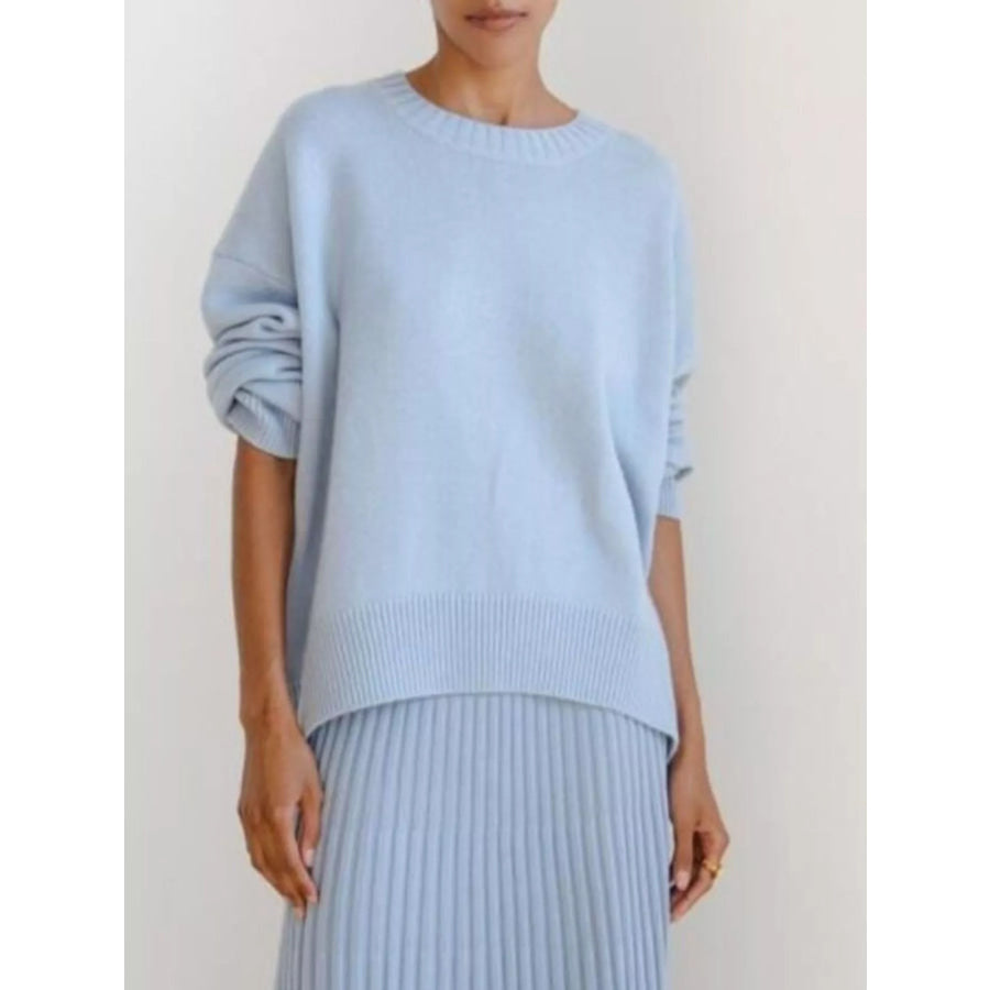 Ribbed Hem Round Neck Sweater Light Blue / One Size Apparel and Accessories
